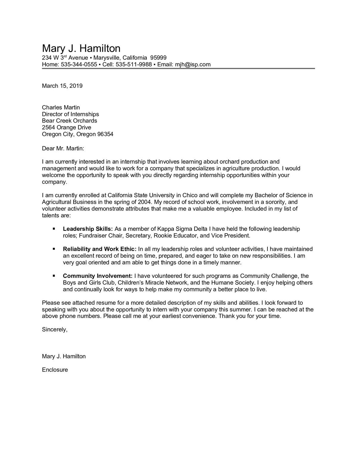 Sample cover letter: Agriculture, Internship, Cold Call